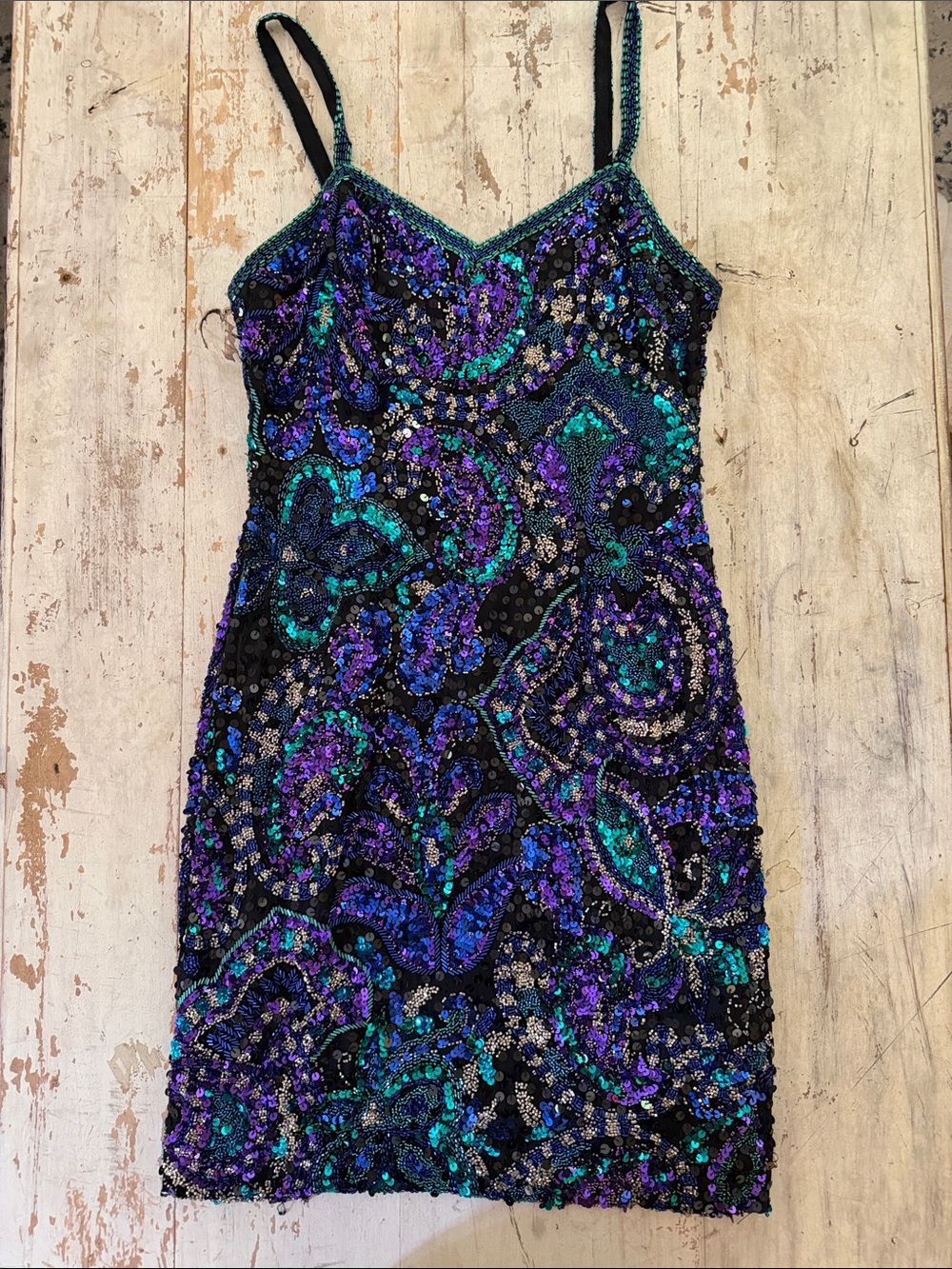 Vintage Niteline Black Sequin Mini Dress with Purple & Teal Paisley Beading